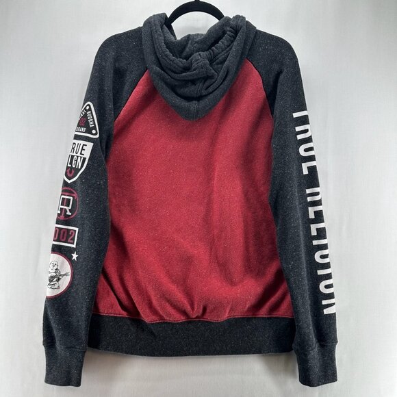 True Religion Hoodie Mens L Colorblock Fleece Full Zip Sweatshirt Red Black - Picture 3 of 14